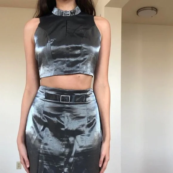 CRAZY vintage 90s satin matching blue/grey set ♠️ - Picture 2 of 4